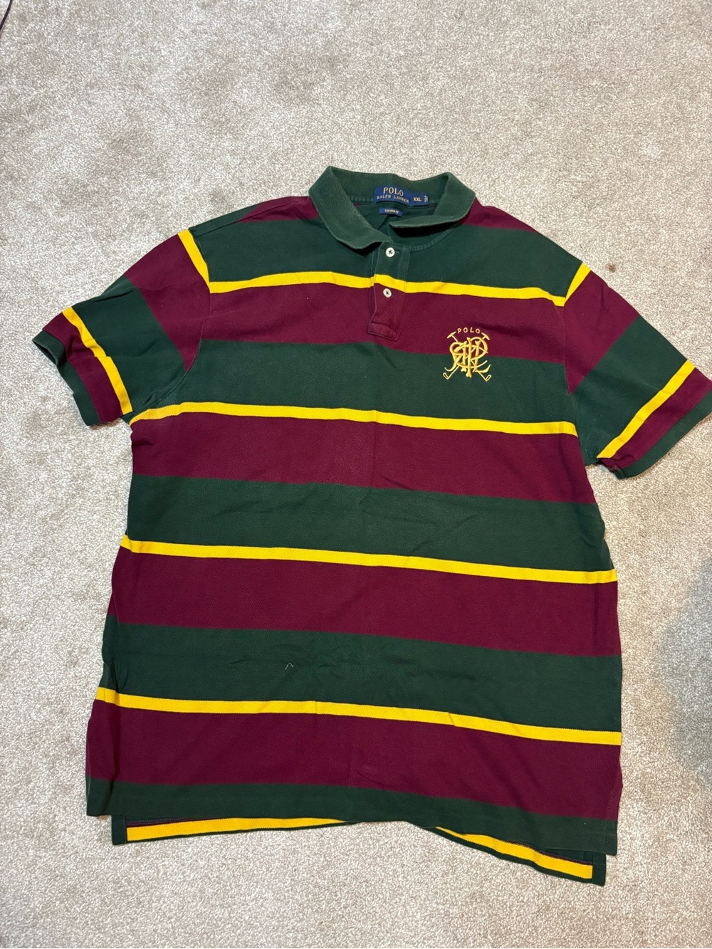 Vtg Polo by Ralph Lauren Green, Burgundy & Yellow Striped Rugby Polo